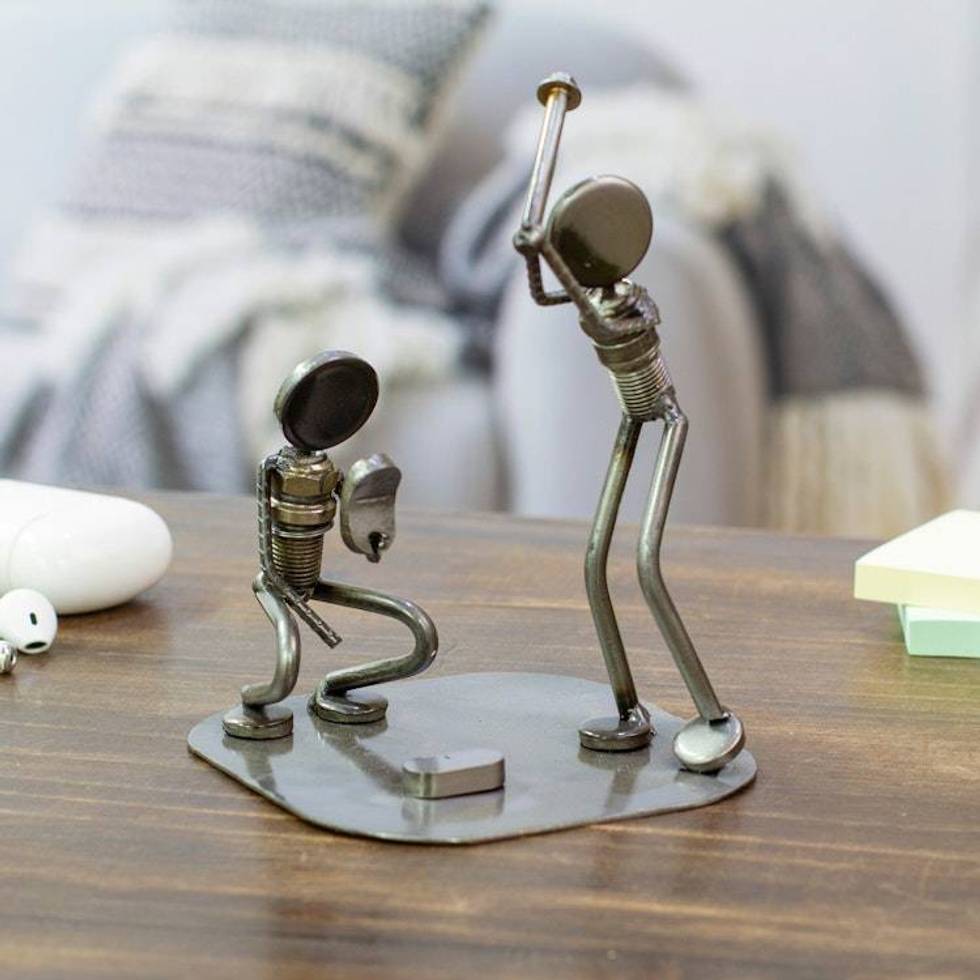 Handcrafted Recycled Metal Rustic Sports Sculpture Mexico 'Rustic Baseball Players'