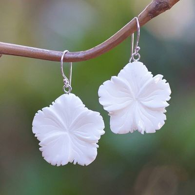 Alternate image for Hand-Carved Hibiscus Bloom-Shaped Dangle Earrings Snowy Hibiscus