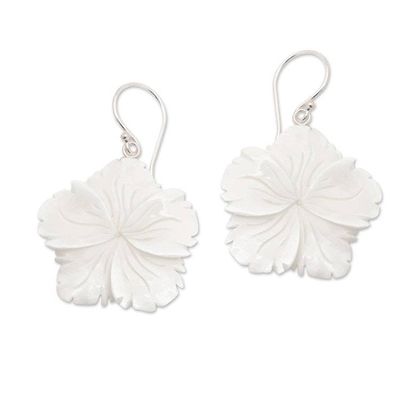 Alternate image for Hand-Carved Hibiscus Bloom-Shaped Dangle Earrings Snowy Hibiscus