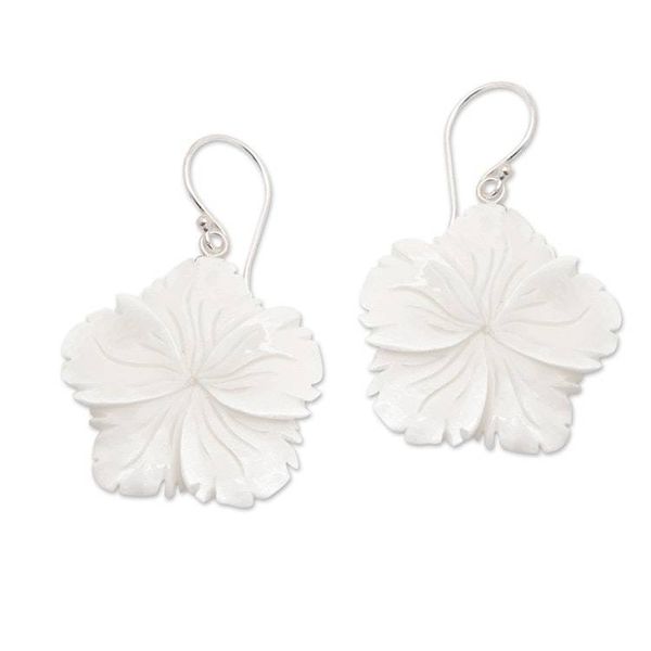 Alternate image for Hand-Carved Hibiscus Bloom-Shaped Dangle Earrings Snowy Hibiscus
