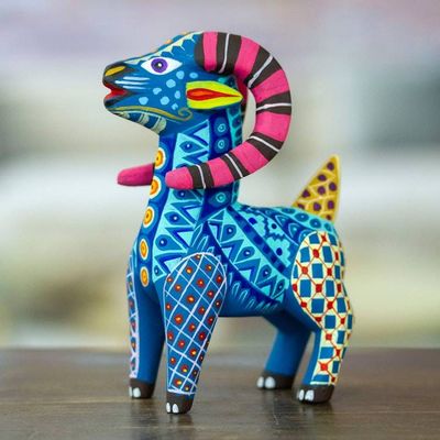 Alternate image for Copal Wood Alebrije Sheep Figurine Hand-Painted in Azure Magical Sheep