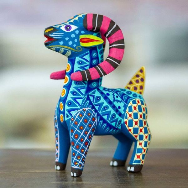 Alternate image for Copal Wood Alebrije Sheep Figurine Hand-Painted in Azure Magical Sheep