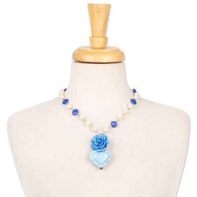 Alternate image for Floral and Heart-Themed Gold-Accented Blue Pendant Necklace My Sky Heart