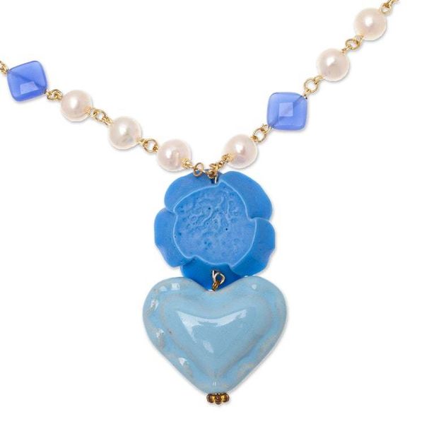 Alternate image for Floral and Heart-Themed Gold-Accented Blue Pendant Necklace My Sky Heart