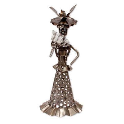 Alternate image for Oxidized Day of the Dead Catrina Upcycled Metal Sculpture Catrina at Night