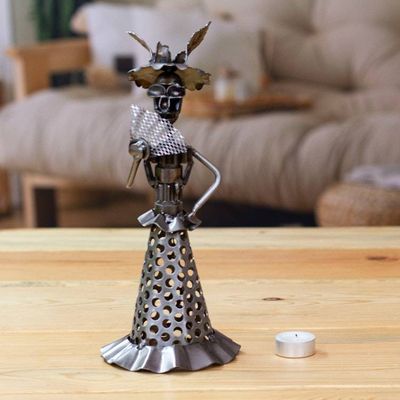 Alternate image for Oxidized Day of the Dead Catrina Upcycled Metal Sculpture Catrina at Night