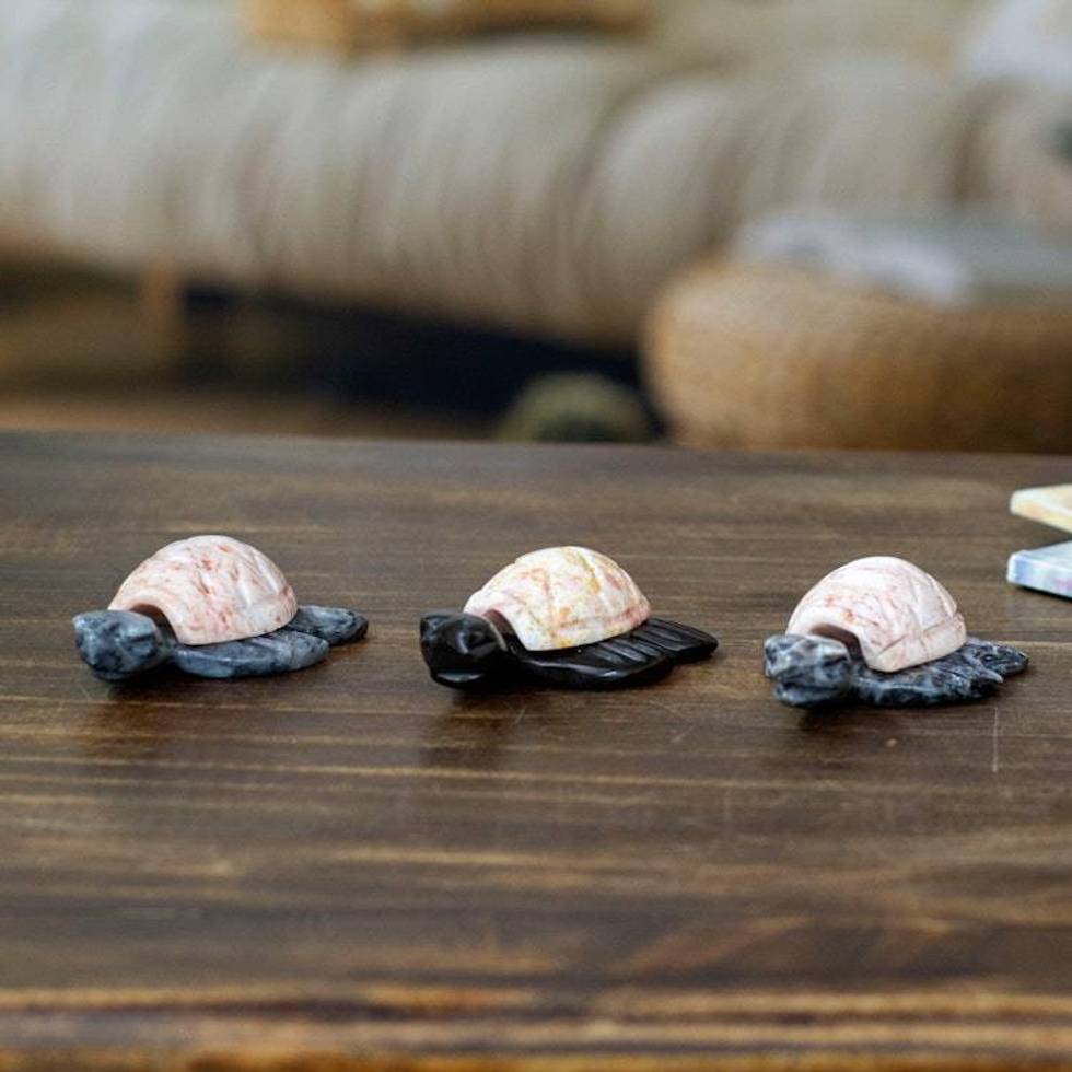 3 Sea Turtle-Themed Small Decorative Carved Marble Figurines 'Pink Turtle Trio'
