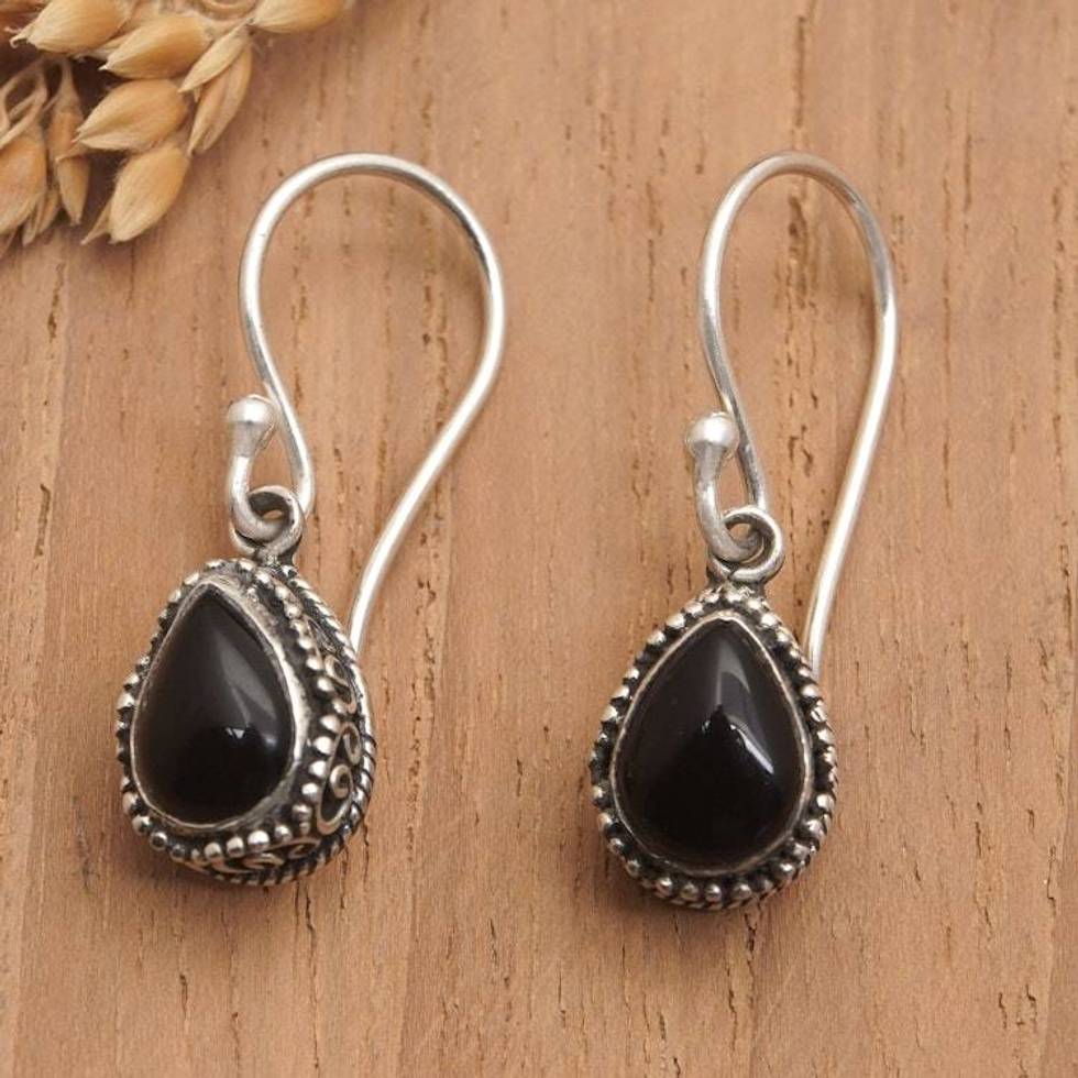 Sterling Silver Dangle Earrings with Drop Onyx Jewels 'Guardian Drops'