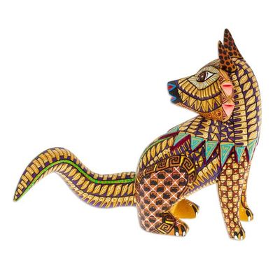 Alternate image for Hand-Painted Honey-Toned Copal Wood Wolf Alebrije Figurine Leaders Sunshine Fur