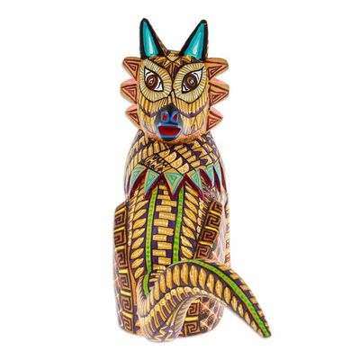 Alternate image for Hand-Painted Honey-Toned Copal Wood Wolf Alebrije Figurine Leaders Sunshine Fur