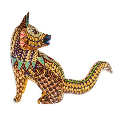 Alternate image for Hand-Painted Honey-Toned Copal Wood Wolf Alebrije Figurine Leaders Sunshine Fur