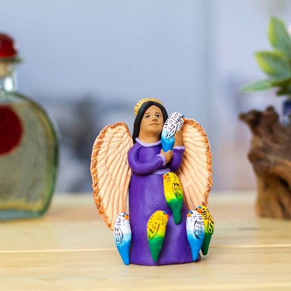 Alternate image for Hand-Painted Ceramic Sculpture of Angel with Parrots Angel with Parrots