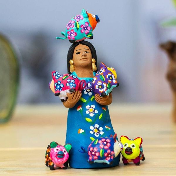 Alternate image for Hand-Painted Ceramic Sculpture of Mexican Woman with Piglets Woman with Piggies