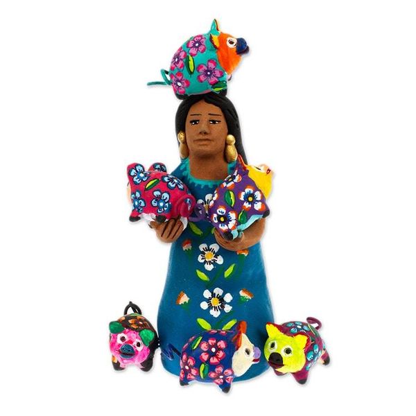Alternate image for Hand-Painted Ceramic Sculpture of Mexican Woman with Piglets Woman with Piggies