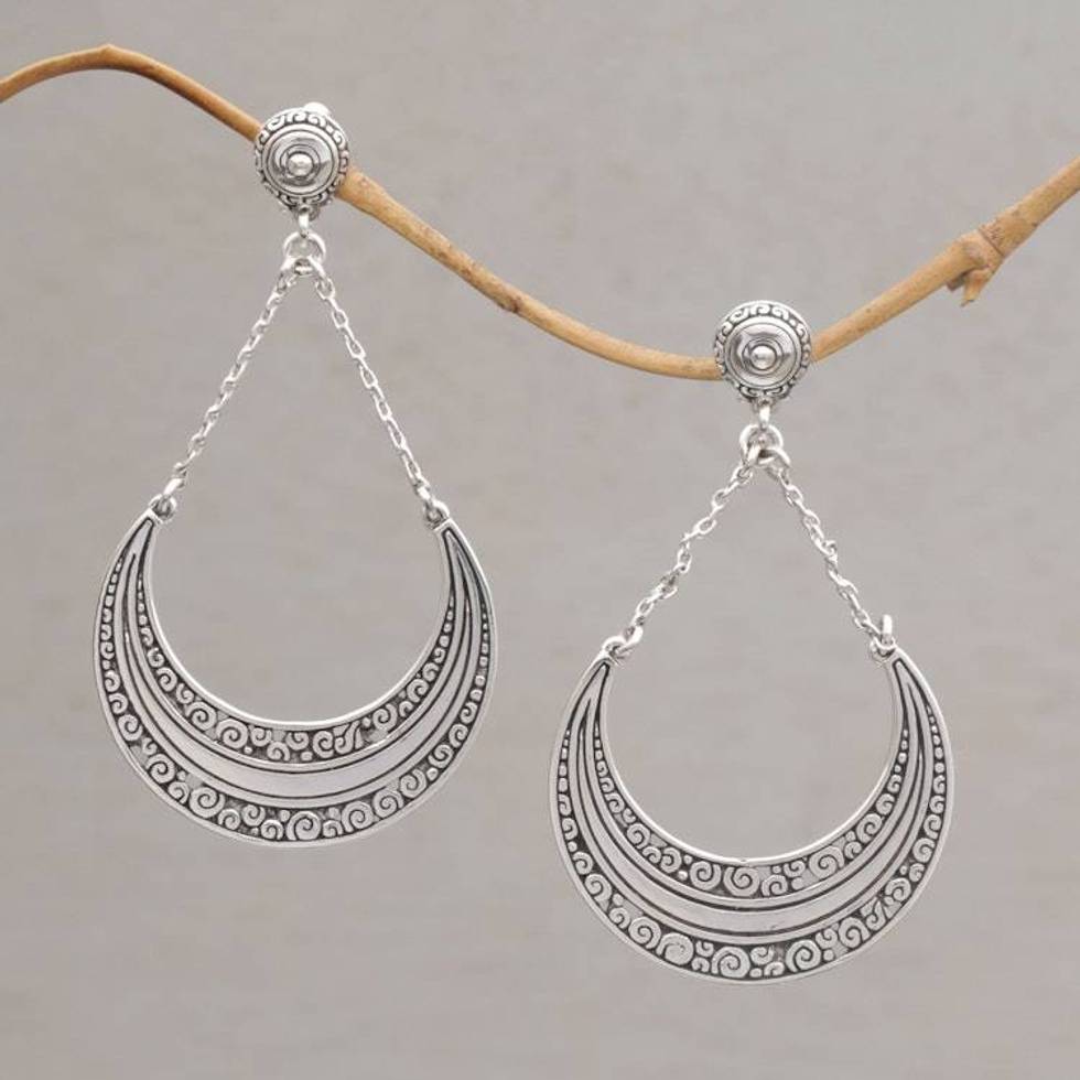 Sterling Silver Crescent Dangle Earrings from Bali 'Buddha Crescents'