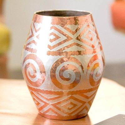 Alternate image for Spiral Motif Silver Accented Copper Vase from Mexico Ancient Pottery