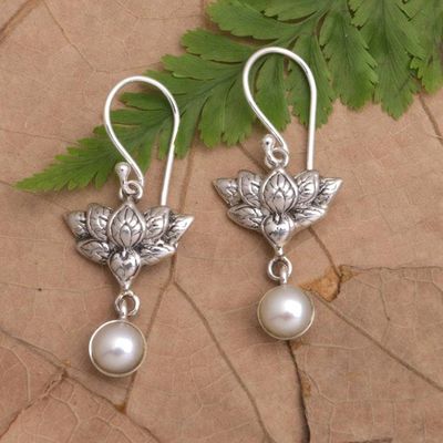 Alternate image for Sterling Silver and Cultured Pearl Lotus Dangle Earrings Heart-Conquering Lotus