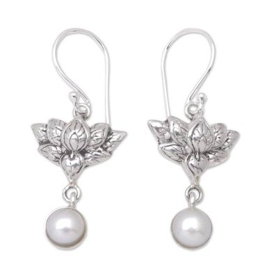 Alternate image for Sterling Silver and Cultured Pearl Lotus Dangle Earrings Heart-Conquering Lotus