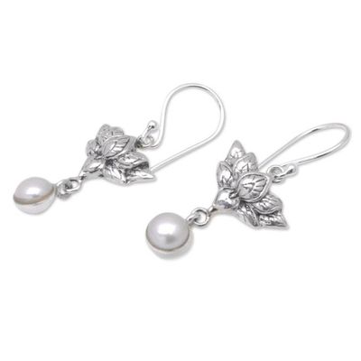 Alternate image for Sterling Silver and Cultured Pearl Lotus Dangle Earrings Heart-Conquering Lotus