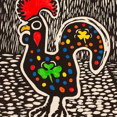 Alternate image for Mexican-Made Signed Limited Edition Rooster Woodcut Print Eggcellent