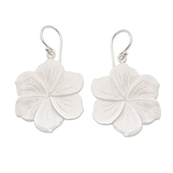 Alternate image for Hand-Carved Frangipani Bloom-Shaped Dangle Earrings Snowy Frangipani