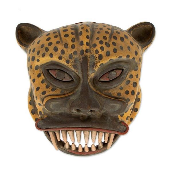 Alternate image for Handmade Mesoamerican-Inspired Ceramic Jaguar Knight Mask Jaguar Knight