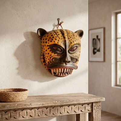 Alternate image for Handmade Mesoamerican-Inspired Ceramic Jaguar Knight Mask Jaguar Knight
