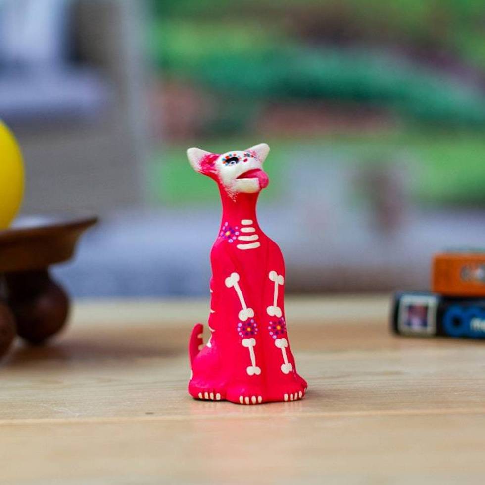 Hand-Painted Pink and Ivory Ceramic Skeleton Dog Sculpture 'Barks in Pink'