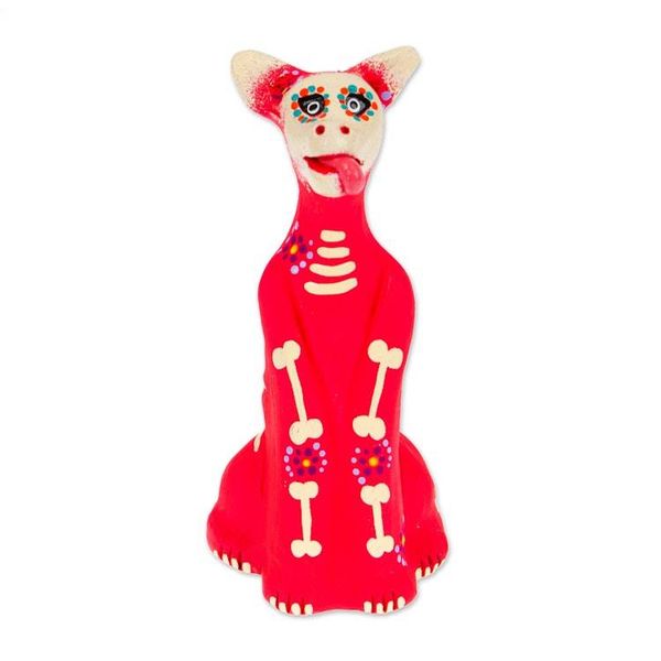 Alternate image for Hand-Painted Pink and Ivory Ceramic Skeleton Dog Sculpture Barks in Pink