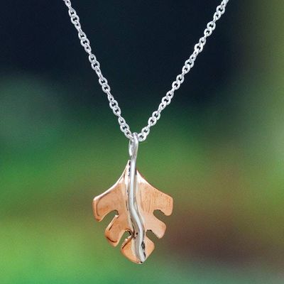 Primary image for Modern Leaf-Themed Taxco Silver and Copper Pendant Necklace Contemporary Leaf