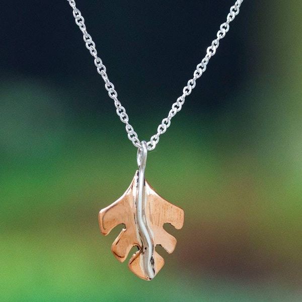 Alternate image for Modern Leaf-Themed Taxco Silver and Copper Pendant Necklace Contemporary Leaf