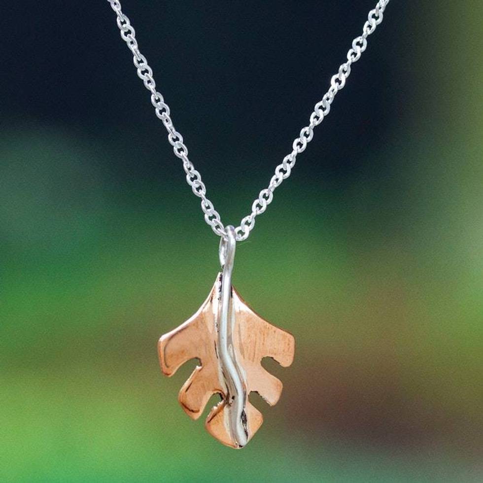 Modern Leaf-Themed Taxco Silver and Copper Pendant Necklace 'Contemporary Leaf'