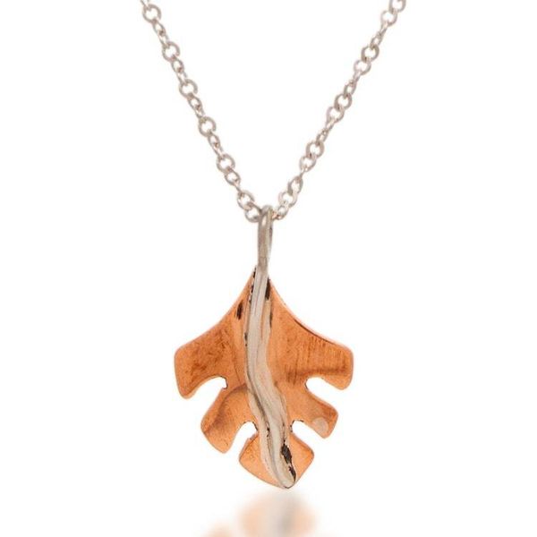 Alternate image for Modern Leaf-Themed Taxco Silver and Copper Pendant Necklace Contemporary Leaf
