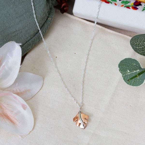 Alternate image for Modern Leaf-Themed Taxco Silver and Copper Pendant Necklace Contemporary Leaf