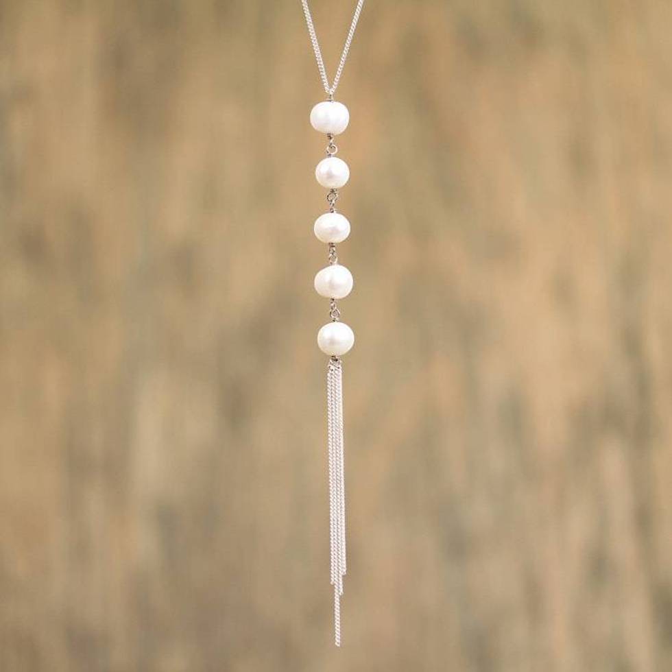 Sterling Silver Y-Necklace with Five Pearls 'Glowing Quintet'