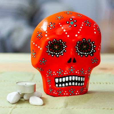 Primary image for Painted Floral Orange Day of the Dead Skull Ceramic Wall Art Face of the Flaming Underworld