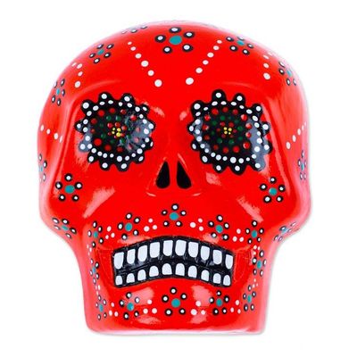 Alternate image for Painted Floral Orange Day of the Dead Skull Ceramic Wall Art Face of the Flaming Underworld