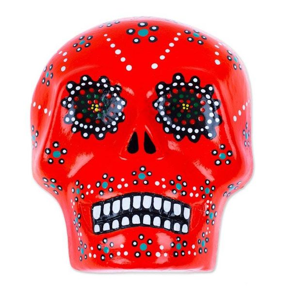 Alternate image for Painted Floral Orange Day of the Dead Skull Ceramic Wall Art Face of the Flaming Underworld