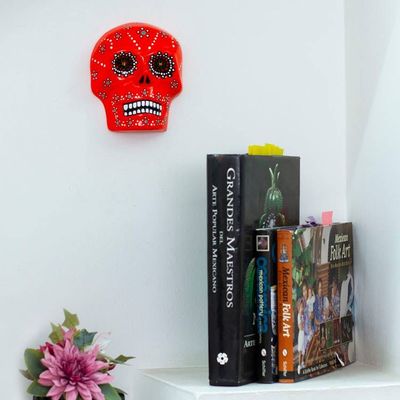 Alternate image for Painted Floral Orange Day of the Dead Skull Ceramic Wall Art Face of the Flaming Underworld