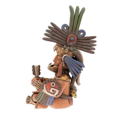 Alternate image for Hand-Painted Folk Art Jaguar Warrior Ceramic Sculpture Jaguar Hero