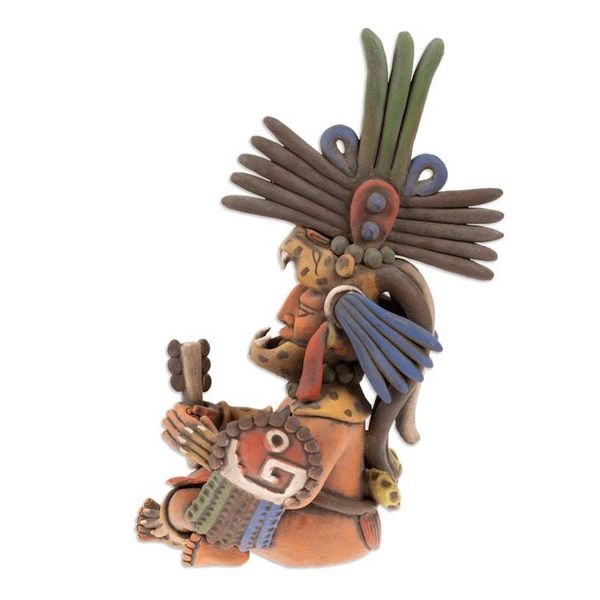 Alternate image for Hand-Painted Folk Art Jaguar Warrior Ceramic Sculpture Jaguar Hero