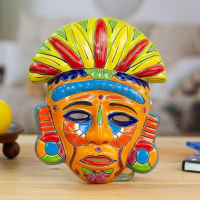 Primary image for Talavera-Style Ceramic Aztec Mask Crafted in Mexico Chicha Penacho