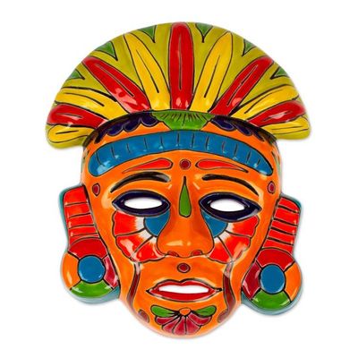 Alternate image for Talavera-Style Ceramic Aztec Mask Crafted in Mexico Chicha Penacho