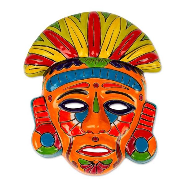 Alternate image for Talavera-Style Ceramic Aztec Mask Crafted in Mexico Chicha Penacho