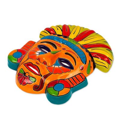 Alternate image for Talavera-Style Ceramic Aztec Mask Crafted in Mexico Chicha Penacho