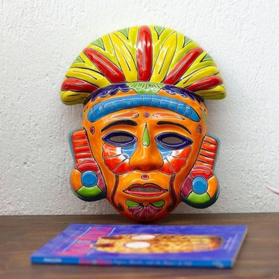 Alternate image for Talavera-Style Ceramic Aztec Mask Crafted in Mexico Chicha Penacho