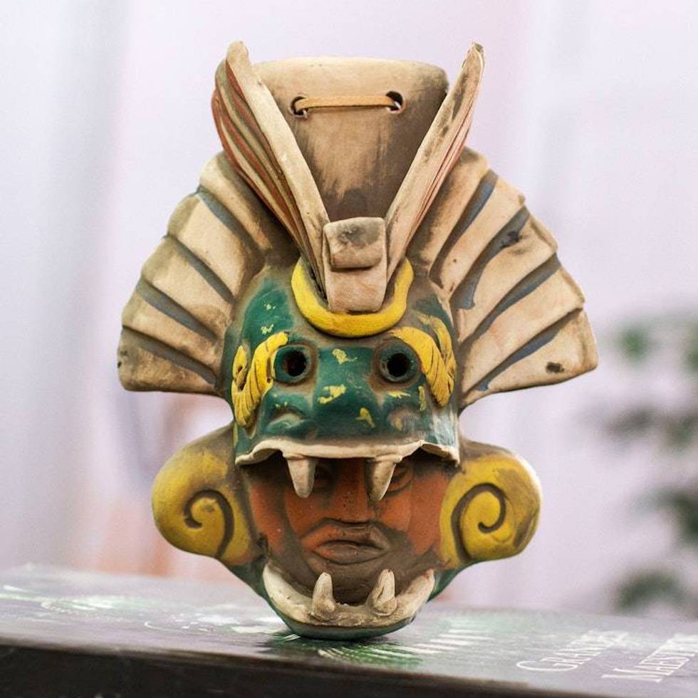 Earthtone Quetzalcoatl Handcrafted Ceramic Wall Mask 'Quetzalcoatl Revered'
