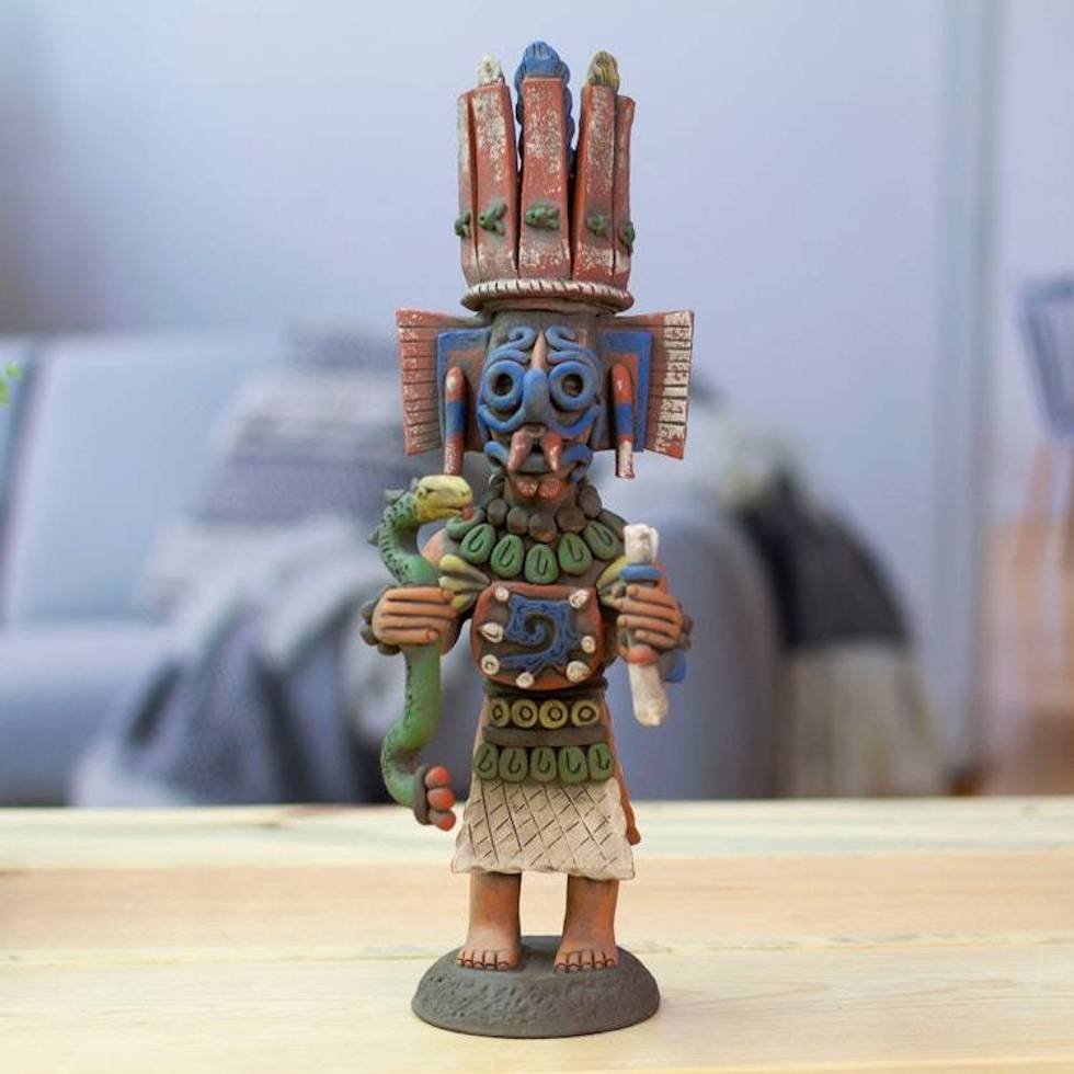Hand-Painted Folk Art Tlaloc Priest Ceramic Sculpture 'Tlaloc Priest'