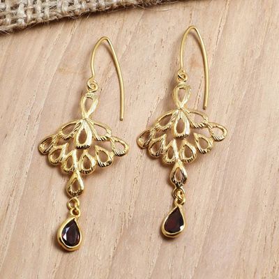 Alternate image for Peacock-Themed Gold-Plated Dangle Earrings with Garnet Gems Perseverance Feathers