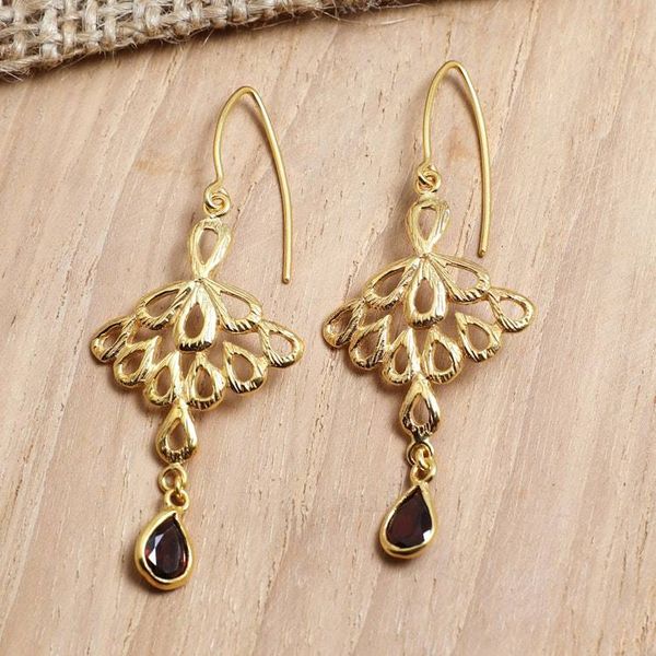 Alternate image for Peacock-Themed Gold-Plated Dangle Earrings with Garnet Gems Perseverance Feathers